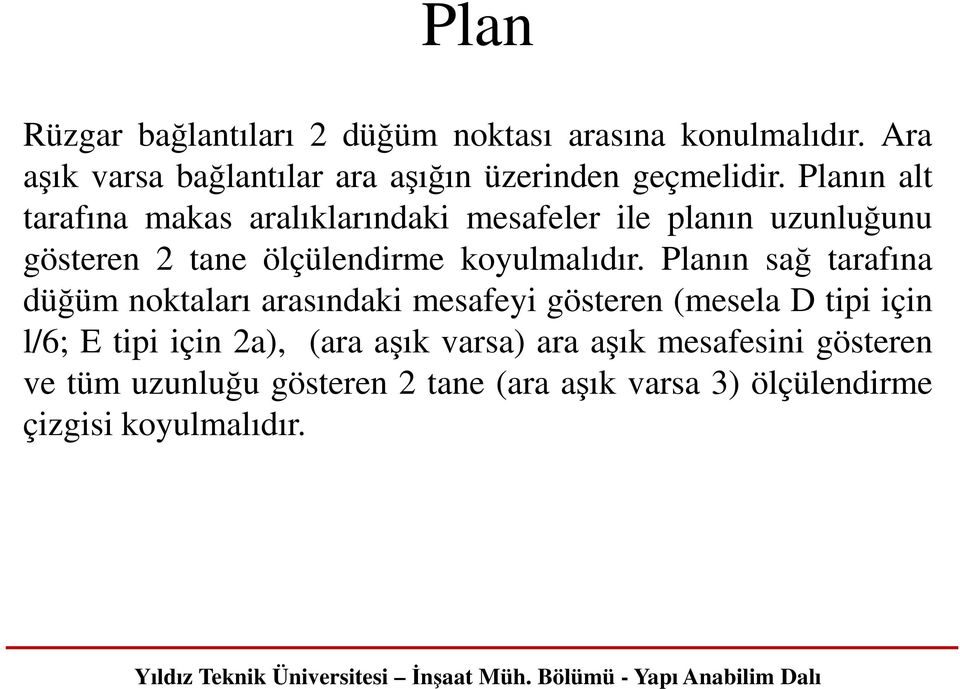 Planın alt tarafına makas aralıklarındaki mesafeler ile planın uzunluğunu gösteren 2 tane ölçülendirme koyulmalıdır.