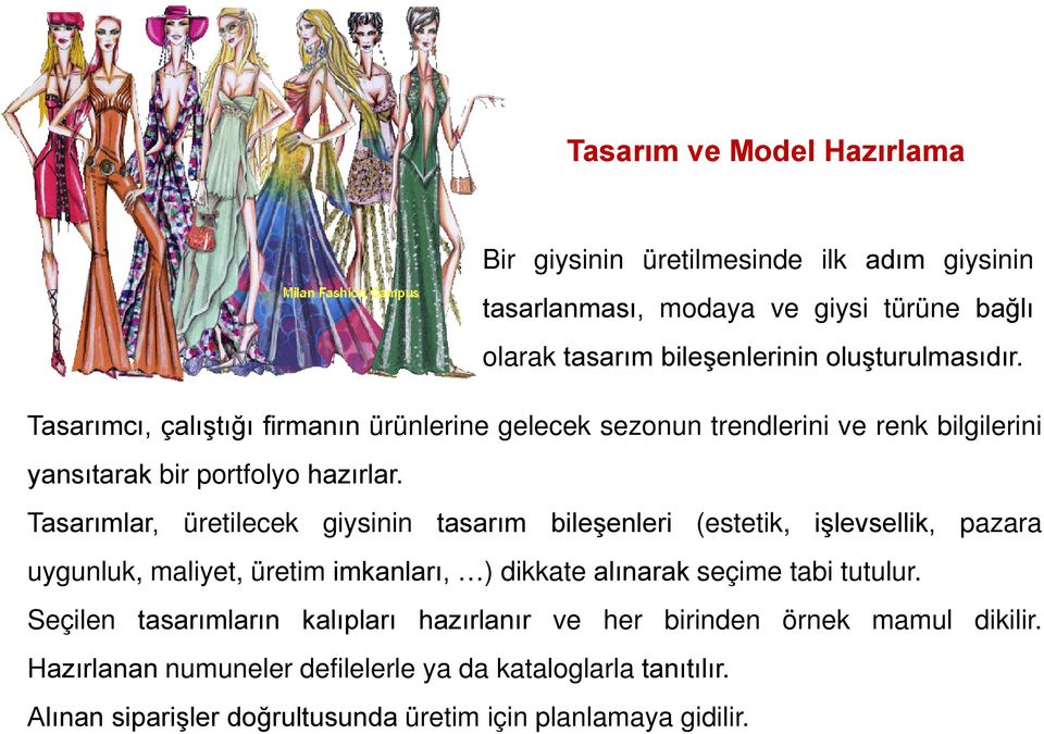 Tasarımlar, üretilecek giysinin tasarım bileşenleri (estetik, işlevsellik, pazara uygunluk, maliyet, üretim imkanları, ) dikkate alınarak seçime tabi tutulur.