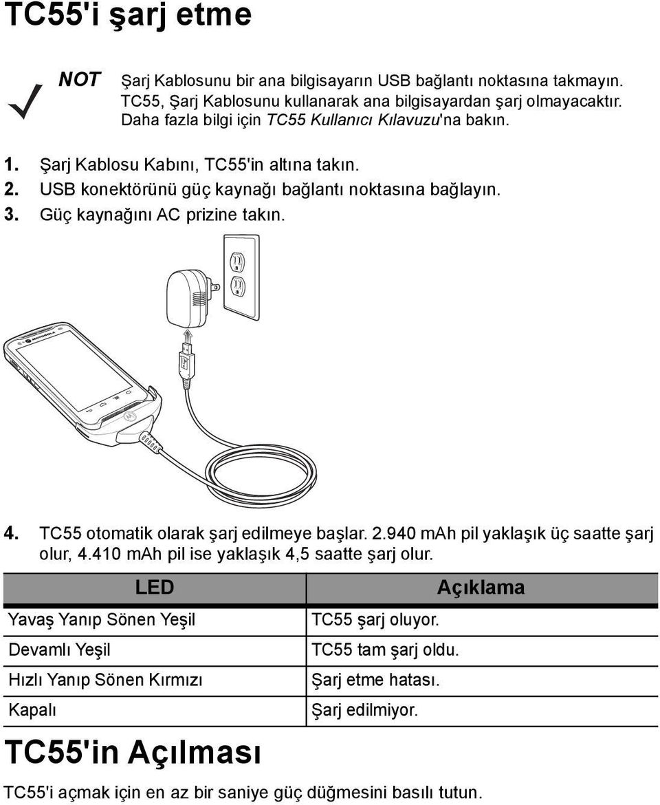 Güç kaynağını AC prizine takın. 4. TC55 otomatik olarak şarj edilmeye başlar. 2.940 mah pil yaklaşık üç saatte şarj olur, 4.410 mah pil ise yaklaşık 4,5 saatte şarj olur.