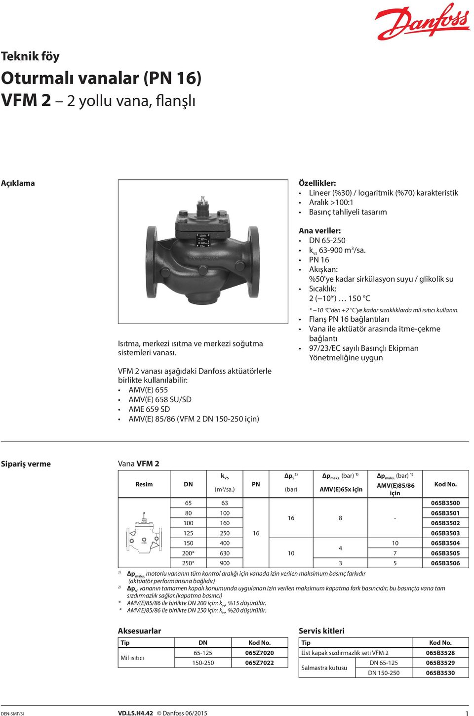 VFM 2 vanası aşağıdaki Danfoss aktüatörlerle birlikte kullanılabilir: AMV(E) 655 AMV(E) 658 SU/SD AME 659 SD AMV(E) 85/86 (VFM 2 DN 150-250 için) Ana veriler: DN 65-250 k vs 63-900 m 3 /sa.