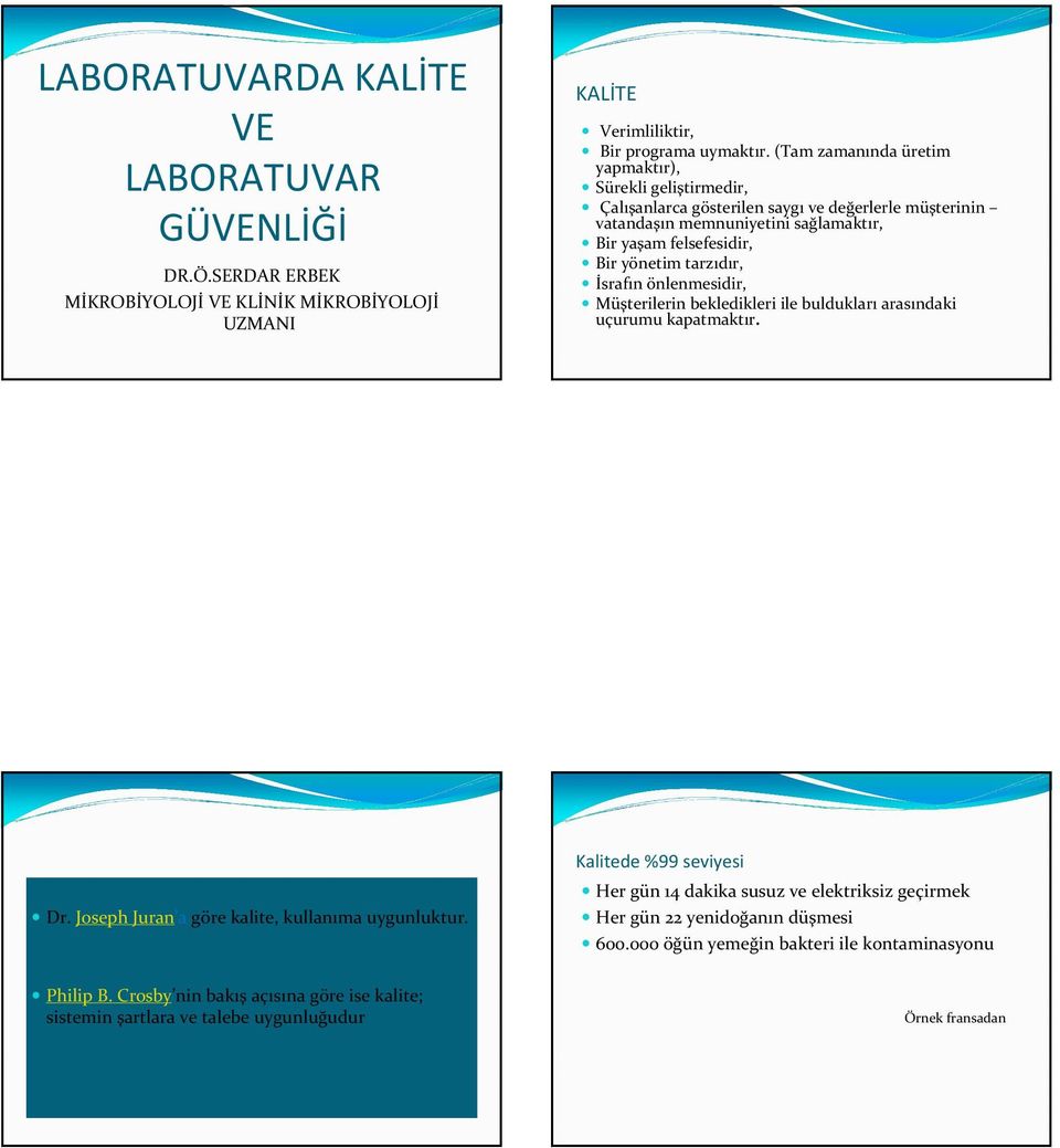 tarzıdır, İsrafın önlenmesidir, Müşterilerin bekledikleri ile bulduklarıarasındaki uçurumu kapatmaktır. Dr. Joseph Juran a göre kalite, kullanıma uygunluktur.