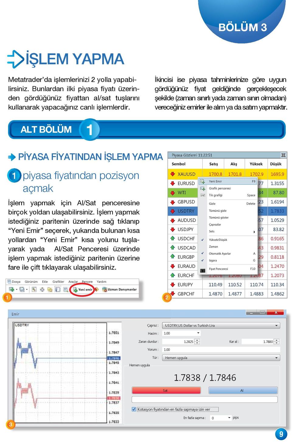 ALT BÖLÜM Emir PİYASA FİYATINDAN İŞLEM YAPMA piyasa fiyatından pozisyon açmak İşlem yapmak için Al/Sat penceresine birçok yoldan ulaşabilirsiniz.