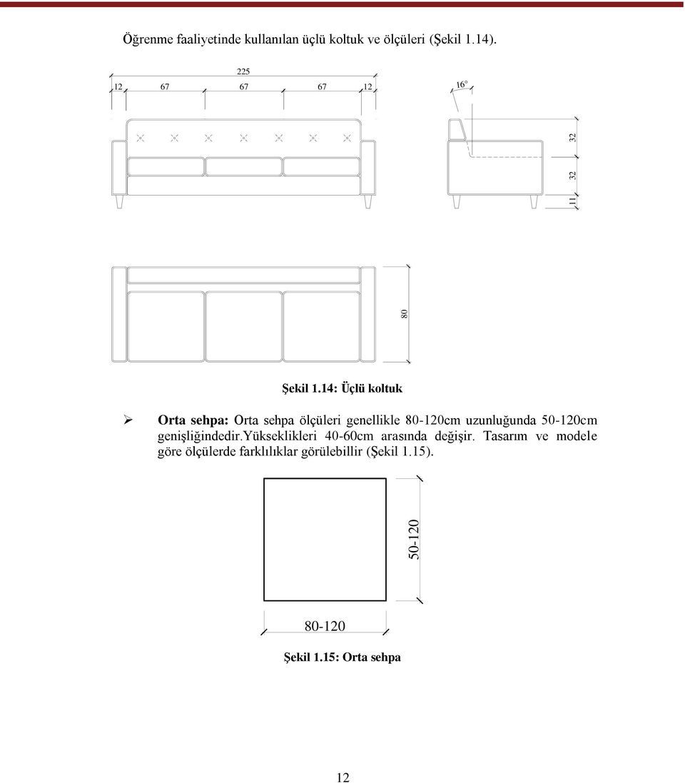 14: Üçlü koltuk Orta sehpa: Orta sehpa ölçüleri genellikle 80-120cm uzunluğunda 50-120cm