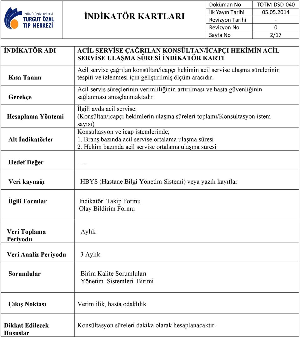 İlgili ayda acil servise; (Konsültan/icapçı hekimlerin ulaşma süreleri toplamı/konsültasyon istem sayısı) Konsültasyon ve icap istemlerinde; 1.