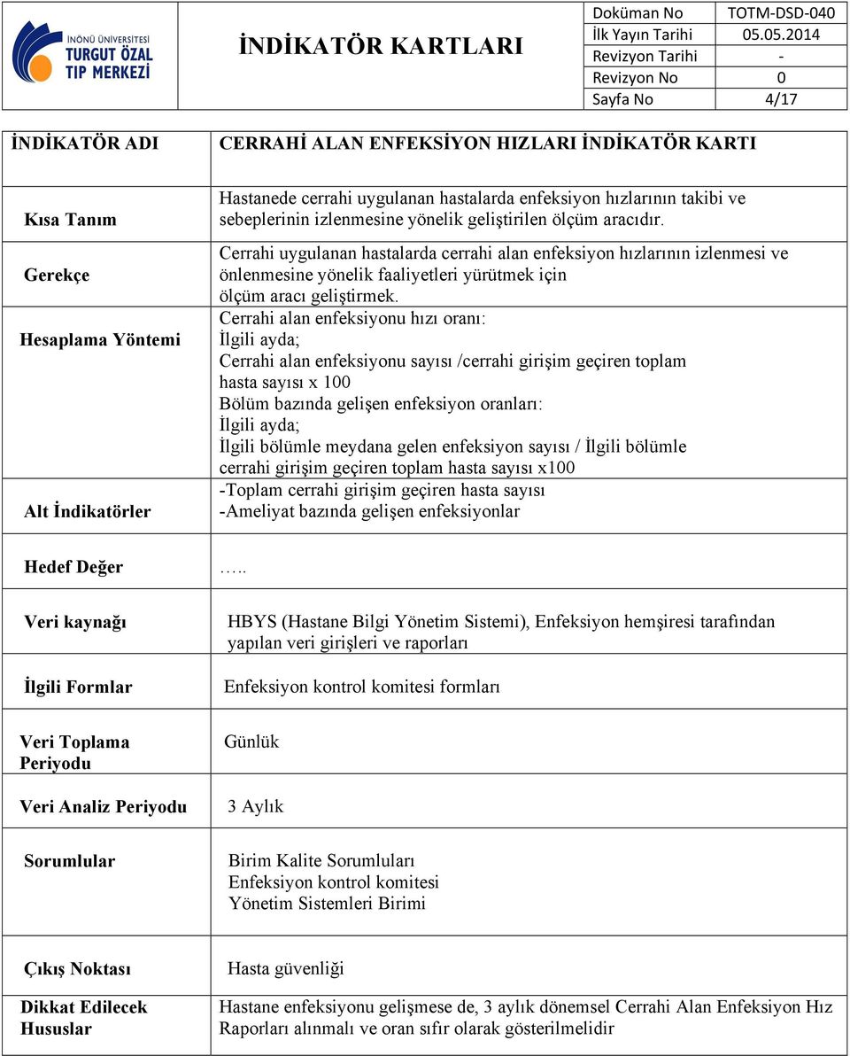 Cerrahi alan enfeksiyonu hızı oranı: İlgili ayda; Cerrahi alan enfeksiyonu sayısı /cerrahi girişim geçiren toplam hasta sayısı x 100 Bölüm bazında gelişen enfeksiyon oranları: İlgili ayda; İlgili