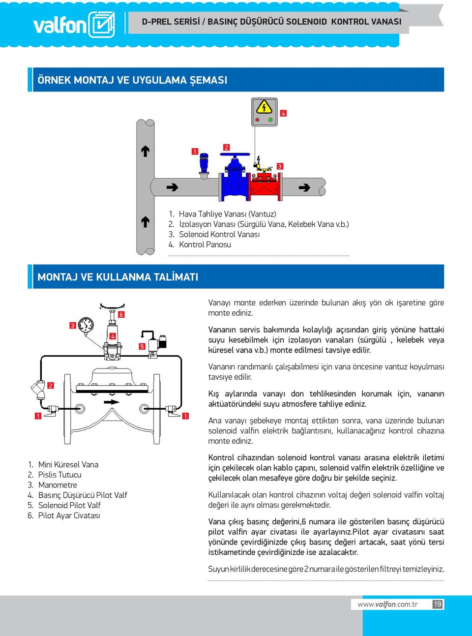 4 5 Vananın servis bakımında kolaylığı açısından giriş yönüne hattaki suyu kesebilmek için izolasyon vanaları (sürgülü, kelebek veya küresel vana v.b.) monte edilmesi tavsiye edilir. 1 1 1.