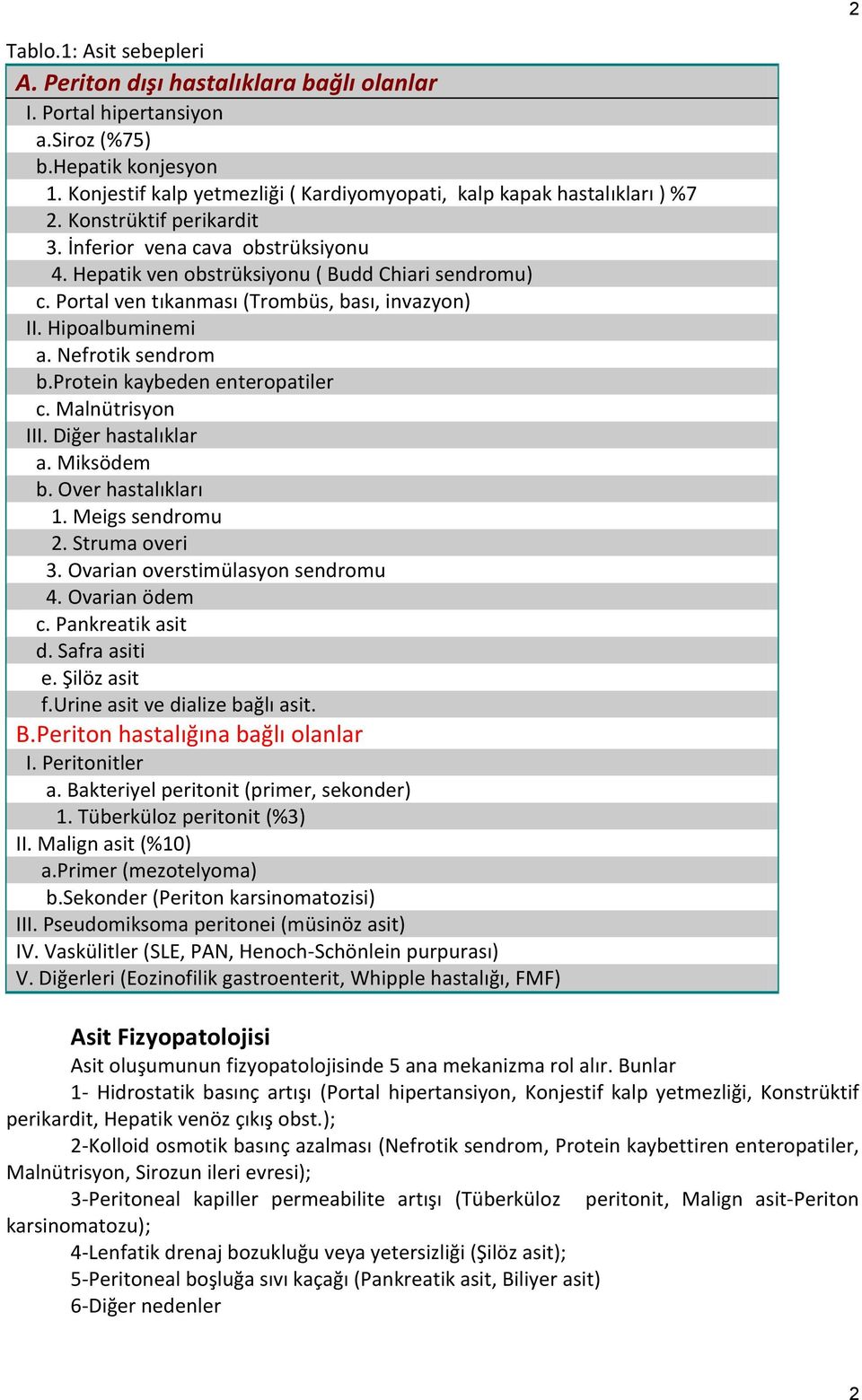 Portal ven tıkanması (Trombüs, bası, invazyon) II. Hipoalbuminemi a. Nefrotik sendrom b.protein kaybeden enteropatiler c. Malnütrisyon III. Diğer hastalıklar a. Miksödem b. Over hastalıkları 1.