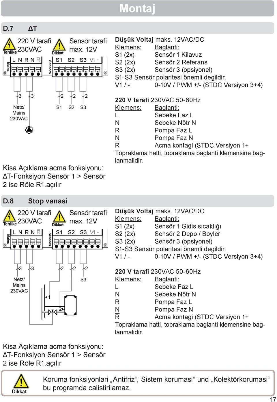 V1 / - 0-10V / PWM +/- (STDC Versiyon 3+4) Kisa Açıklama acma fonksiyonu: ΔT-Fonksiyon Sensör 1 > Sensör 2 ise Röle R1.açılır D.8 Stop vanasi 220 V tarafi Tehlike 230VAC Sensör tarafi max.