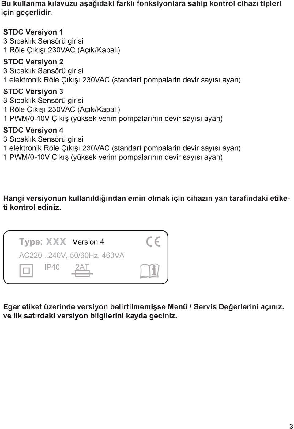 Versiyon 3 3 Sıcaklık Sensörü girisi 1 Röle Çıkışı 230VAC (Açık/Kapalı) 1 PWM/0-10V Çıkış (yüksek verim pompalarının devir sayısı ayarı) STDC Versiyon 4 3 Sıcaklık Sensörü girisi 1 elektronik Röle