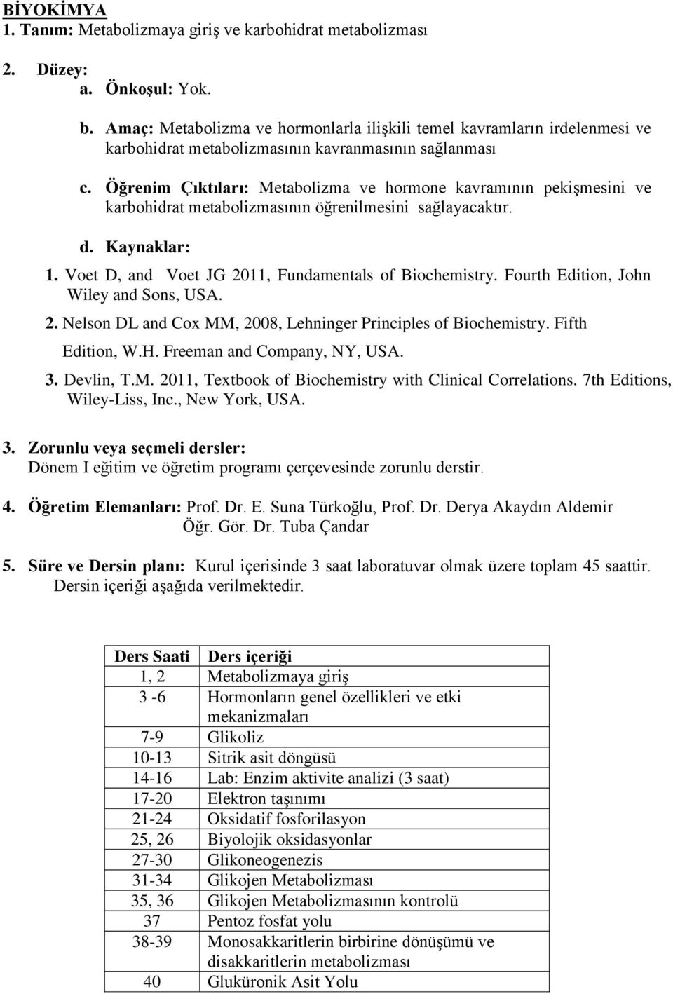 Öğrenim Çıktıları: Metabolizma ve hormone kavramının pekişmesini ve karbohidrat metabolizmasının öğrenilmesini sağlayacaktır. d. Kaynaklar: 1. Voet D, and Voet JG 2011, Fundamentals of Biochemistry.