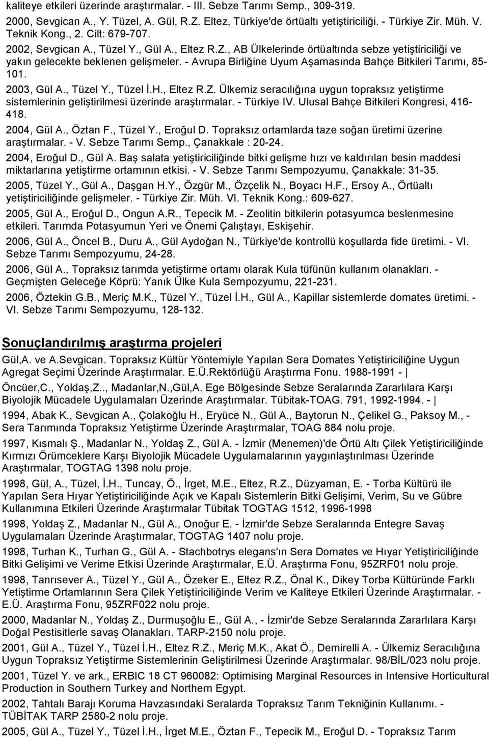 - Avrupa Birliğine Uyum Aşamasında Bahçe Bitkileri Tarımı, 85-101. 2003, Gül A., Tüzel Y., Tüzel İ.H., Eltez R.Z.