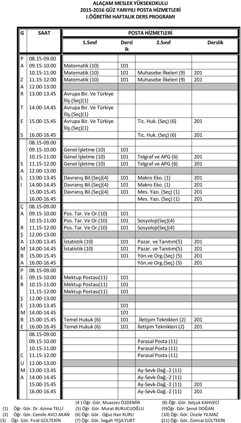 (Seç) (6) 201 İliş.(Seç)(1) S Tic. Huk. (Seç) (6) 201 Genel İşletme (10) 101 10.15-11.00 Genel İşletme (10) 101 Telgraf ve APG (6) 201 S 11.15-12.00 Genel İşletme (10) 101 Telgraf ve APG (6) 201 L 13.