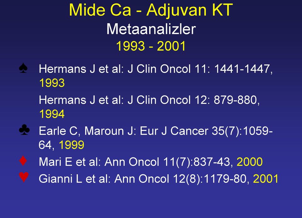 1994 Earle C, Maroun J: Eur J Cancer 35(7):1059-64, 1999 Mari E et al: