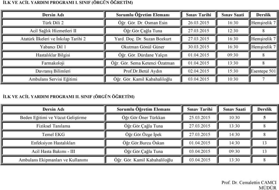 Gör. Sema Ketenci Özatman 01.04.2015 13:30 8 Davranış Bilimleri Prof.Dr.Betül Aydın 02.04.2015 15:30 Esentepe 501 Ambulans Servisi Eğitimi Öğr. Gör. Kamil Kabahaliloğlu 03.04.2015 10:30 7 İLK VE ACİL YARDIM PROGRAMI II.