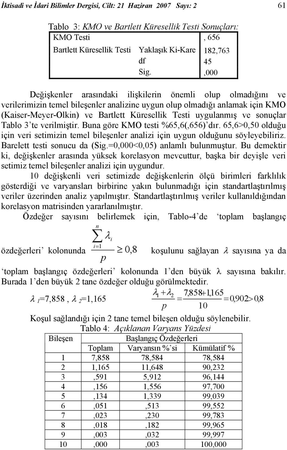 uygulanmış ve sonuçlar Tablo 3 te verilmiştir. Buna göre KMO testi %65,6(,656) dır. 65,6>0,50 olduğu için veri setimizin temel bileşenler analizi için uygun olduğunu söyleyebiliriz.