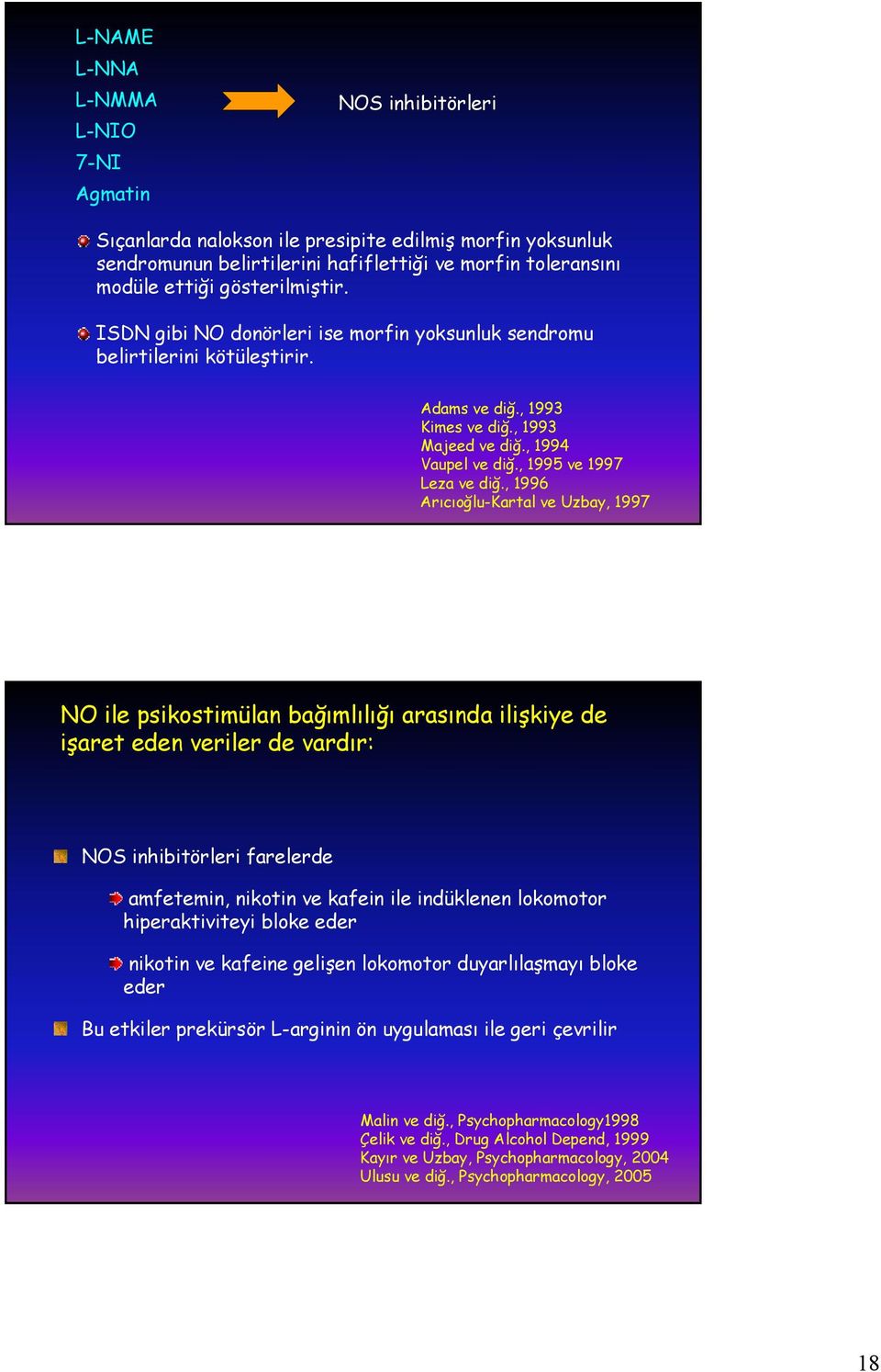 , 1996 Arıcıoğlu-Kartal ve Uzbay, 1997 NO ile psikostimülan bağımlılığı arasında ilişkiye de işaret eden veriler de vardır: NOS inhibitörleri farelerde amfetemin, nikotin ve kafein ile indüklenen