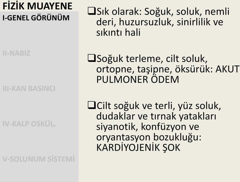 hali Soğuk terleme, cilt soluk, ortopne, taşipne, öksürük: AKUT PULMONER ÖDEM Cilt soğuk