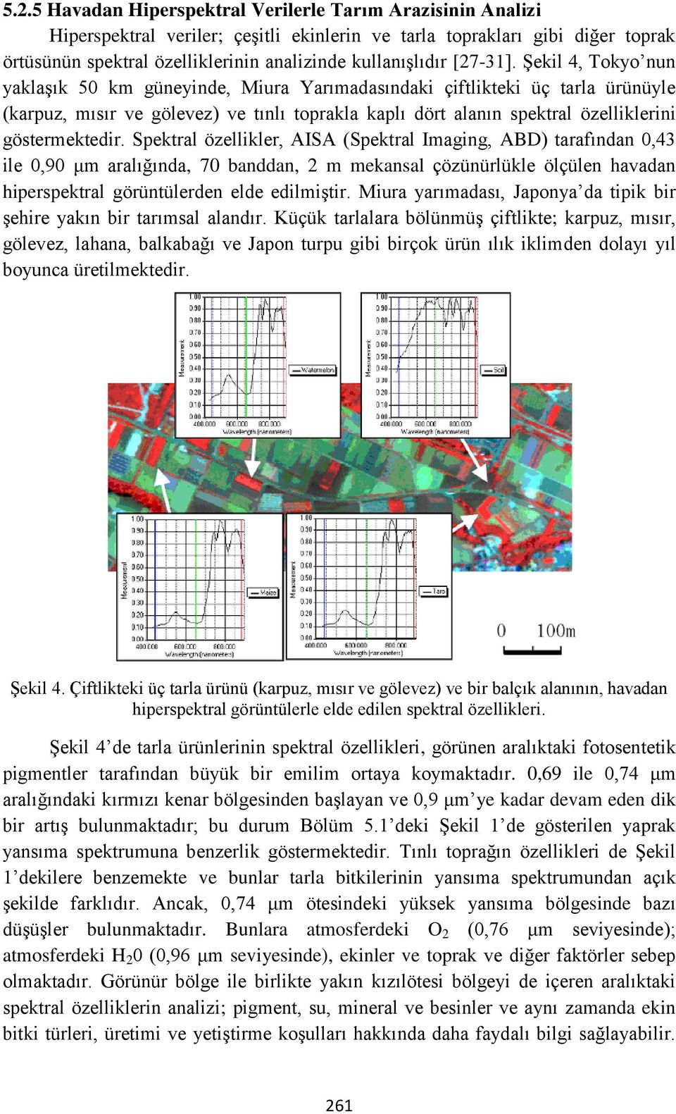 Şekil 4, Tokyo nun yaklaşık 50 km güneyinde, Miura Yarımadasındaki çiftlikteki üç tarla ürünüyle (karpuz, mısır ve gölevez) ve tınlı toprakla kaplı dört alanın spektral özelliklerini göstermektedir.