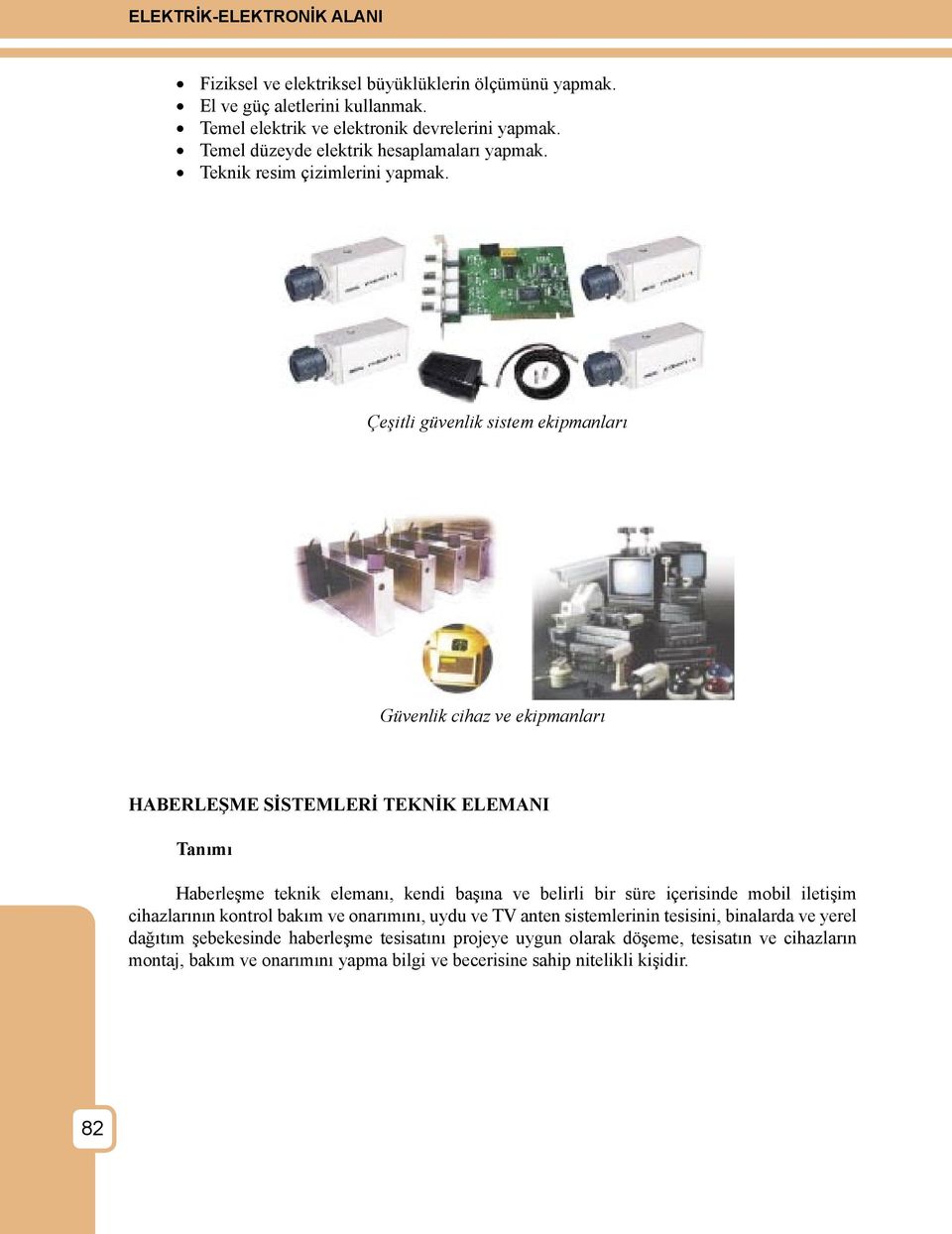 Çeşitli güvenlik sistem ekipmanları Güvenlik cihaz ve ekipmanları HABERLEŞME SİSTEMLERİ TEKNİK ELEMANI Haberleşme teknik elemanı, kendi başına ve belirli bir süre