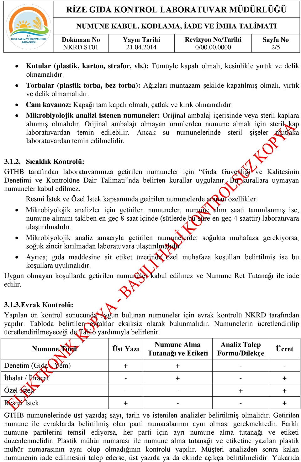 Mikrobiyolojik analizi istenen numuneler: Orijinal ambalaj içerisinde veya steril kaplara alınmış olmalıdır.