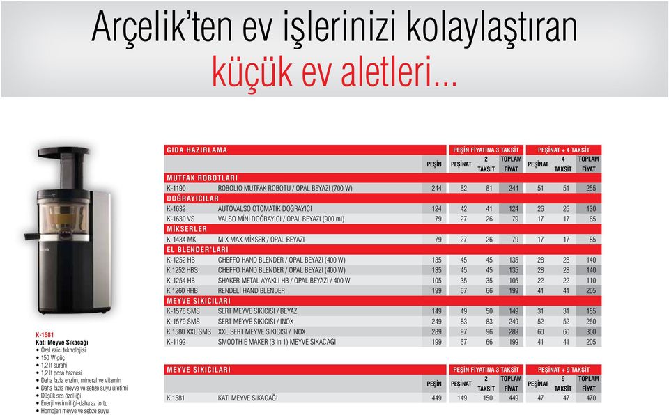 verimliliği-daha az tortu Homojen meyve ve sebze suyu GIDA HAZIRLAMA PEŞİN FİYATINA 3 TAKSİT + 4 TAKSİT PEŞİN MUTFAK ROBOTLARI K-1190 ROBOLIO MUTFAK ROBOTU / OPAL BEYAZI (700 W) 244 82 81 244 51 51