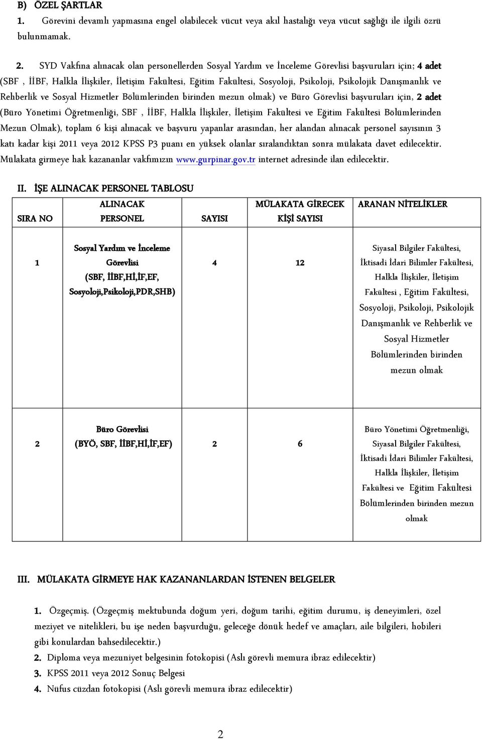 Psikolojik Danışmanlık ve Rehberlik ve Sosyal Hizmetler Bölümlerinden birinden mezun olmak) ve Büro Görevlisi başvuruları için, 2 adet (Büro Yönetimi Öğretmenliği, SBF, İİBF, Halkla İlişkiler,
