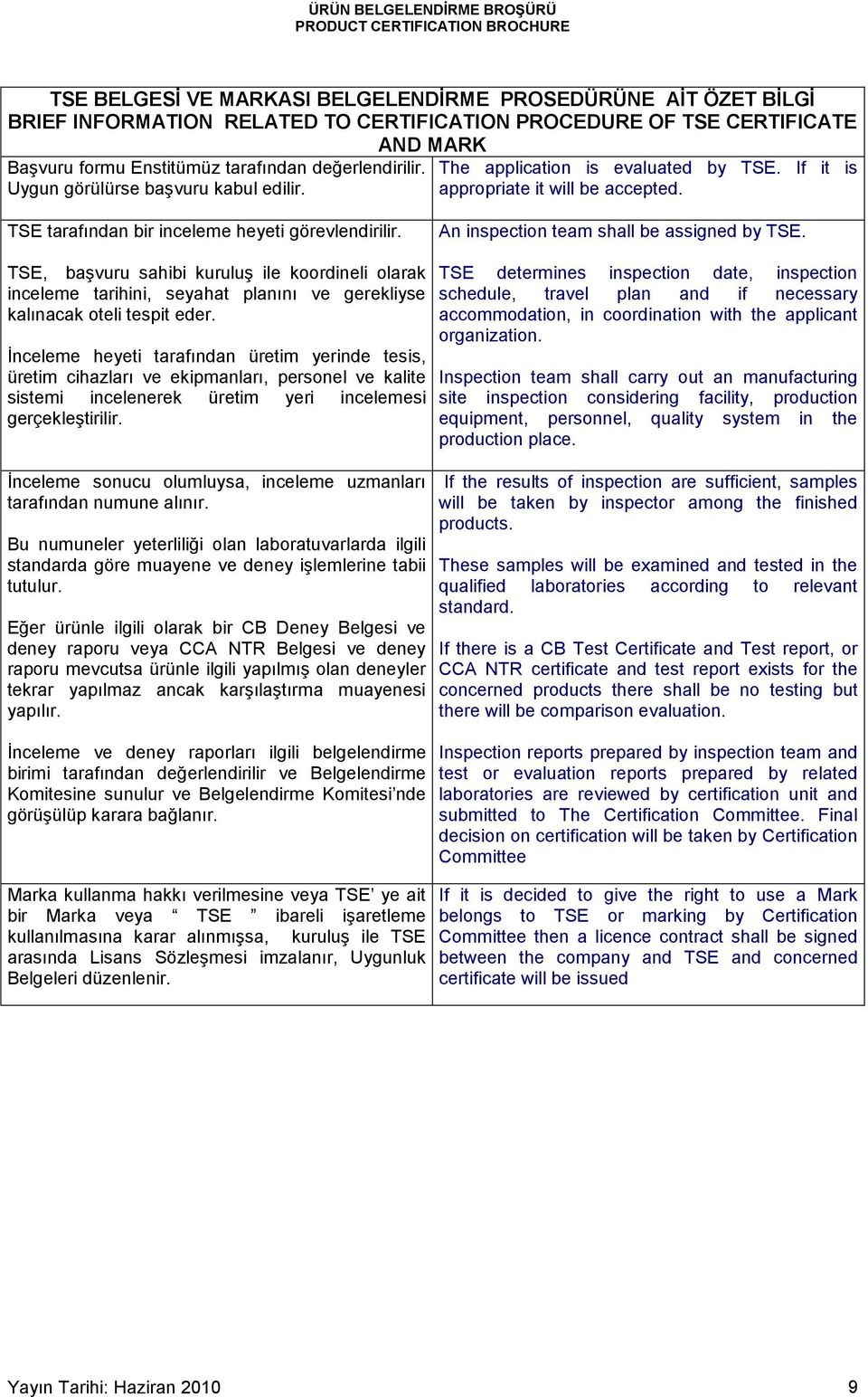 An inspection team shall be assigned by TSE. TSE, başvuru sahibi kuruluş ile koordineli olarak inceleme tarihini, seyahat planını ve gerekliyse kalınacak oteli tespit eder.