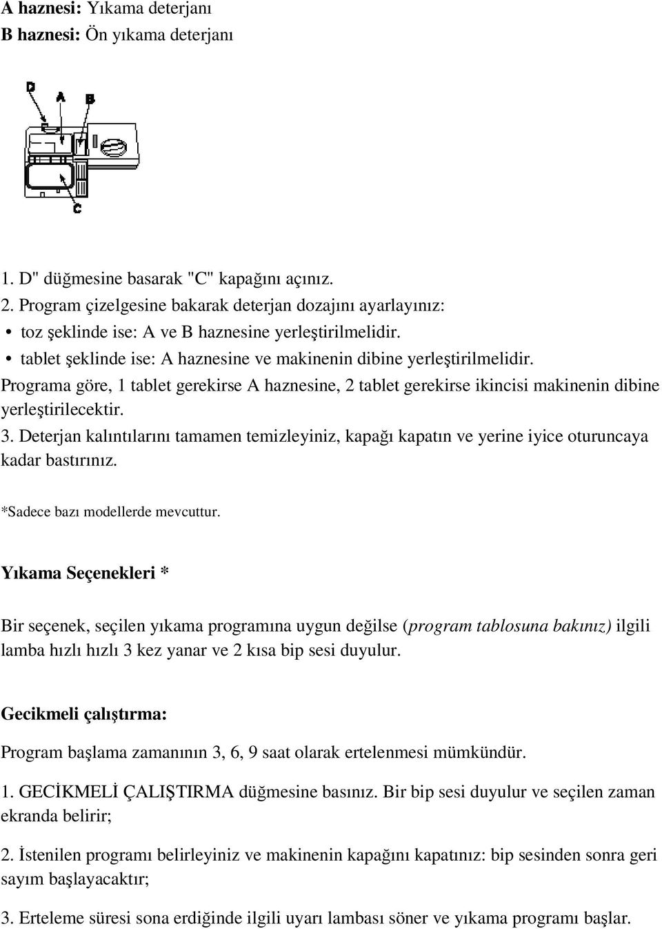 Programa göre, 1 tablet gerekirse A haznesine, 2 tablet gerekirse ikincisi makinenin dibine yerleştirilecektir. 3.