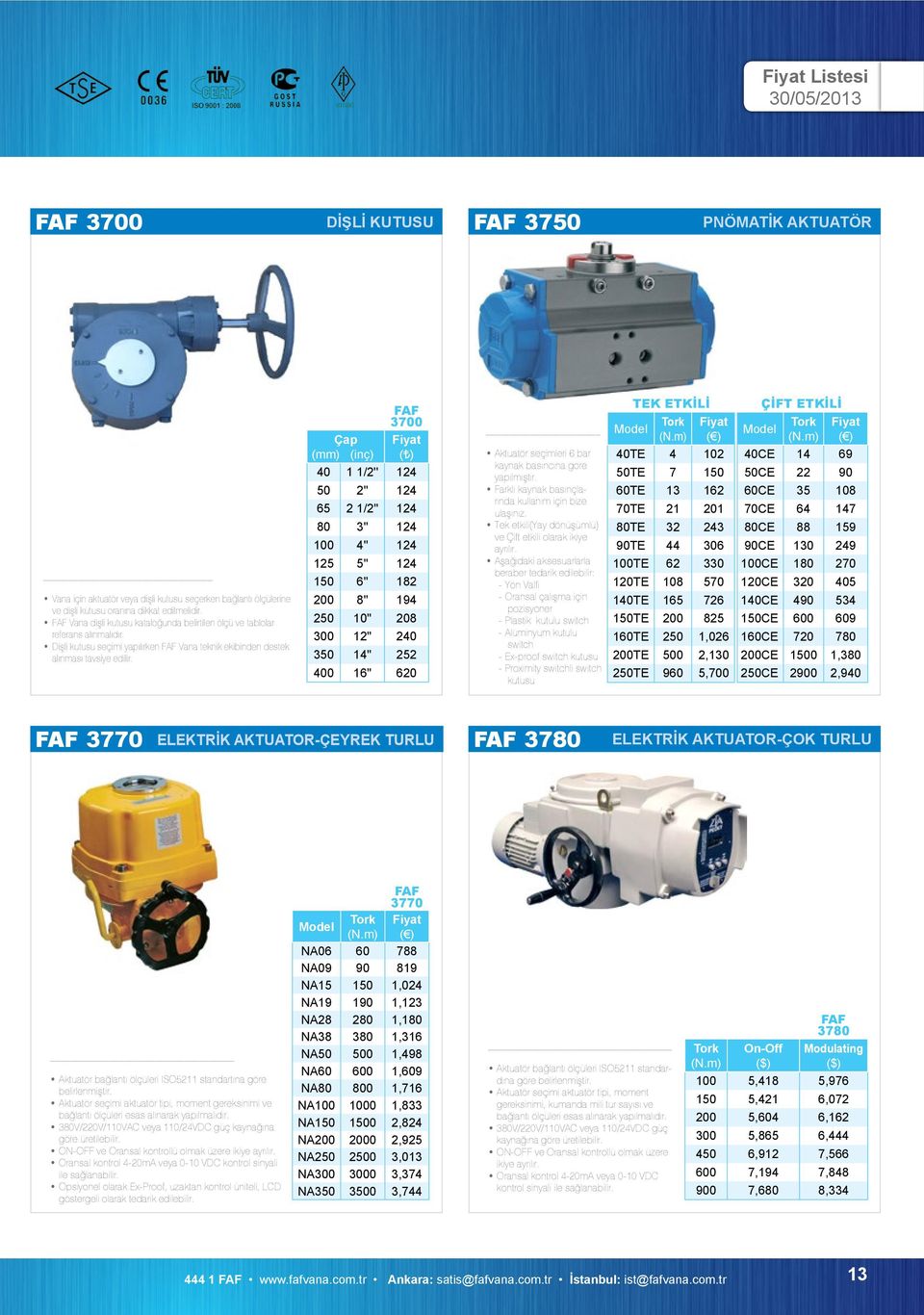 3700 40 1 1/2'' 124 50 2'' 124 65 2 1/2'' 124 80 3'' 124 100 4'' 124 125 5'' 124 150 6'' 182 200 8'' 194 250 10'' 208 300 12'' 240 350 14'' 252 400 16'' 620 Aktuatör seçimleri 6 bar kaynak basıncına