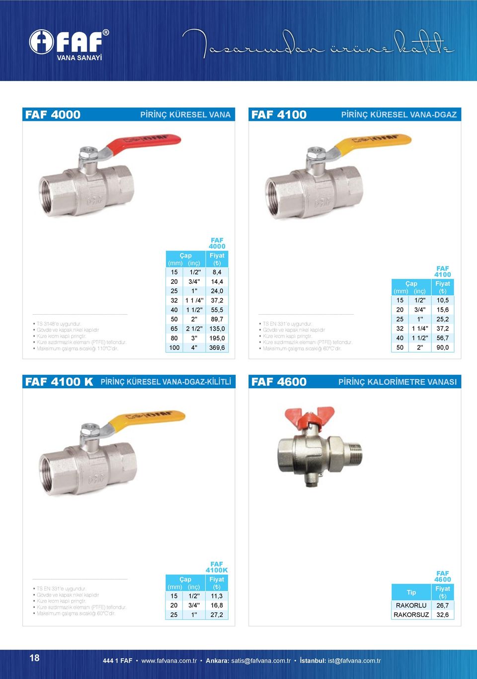 40 1 1/2'' 55,5 50 2'' 89,7 65 2 1/2'' 135,0 80 3'' 195,0 100 4'' 369,6 TS EN 331 e uygundur. Gövde ve kapak nikel kaplıdır Küre krom kaplı prinçtir. Küre sızdırmazlık elemanı (PTFE) teflondur.