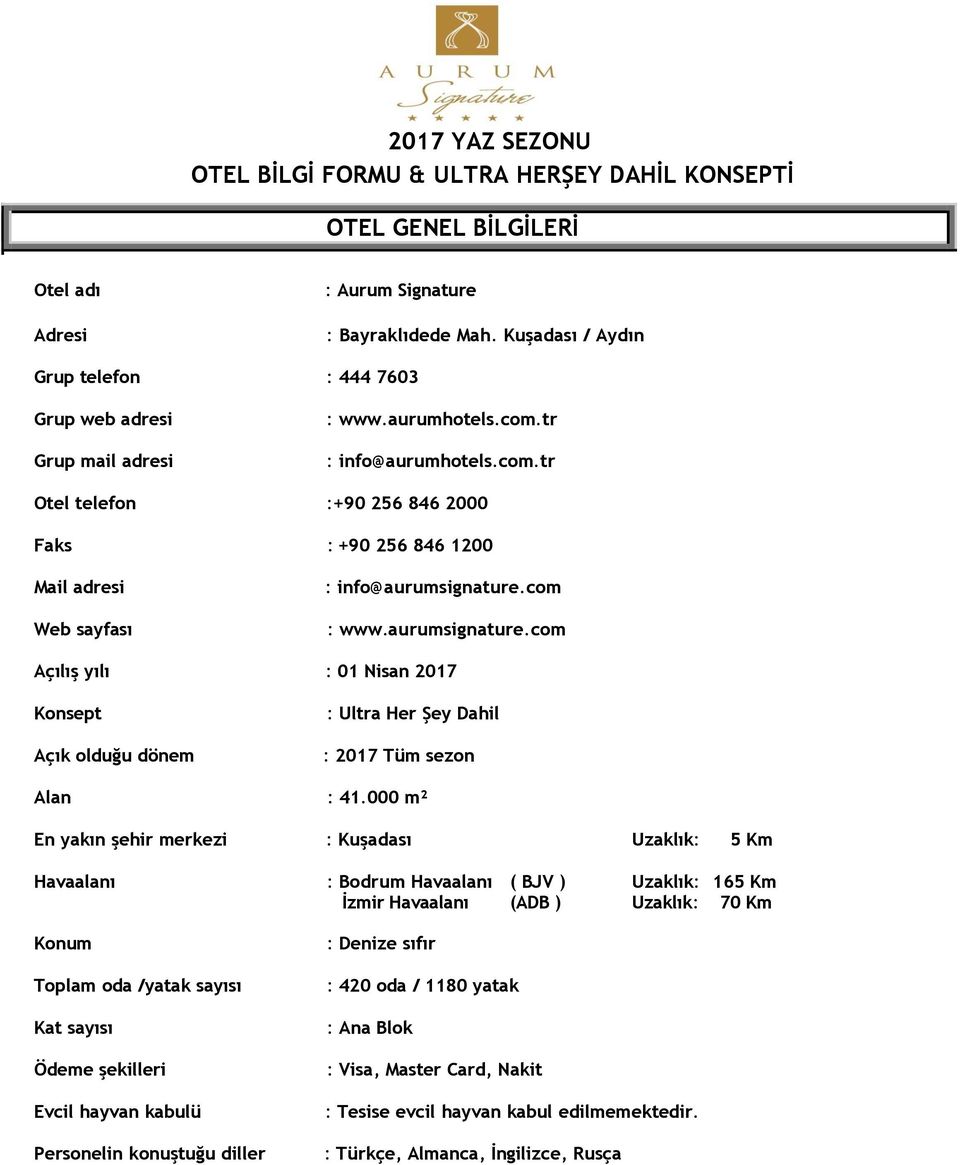 com : www.aurumsignature.com Açılış yılı : 01 Nisan 2017 Konsept Açık olduğu dönem : Ultra Her Şey Dahil : 2017 Tüm sezon Alan : 41.