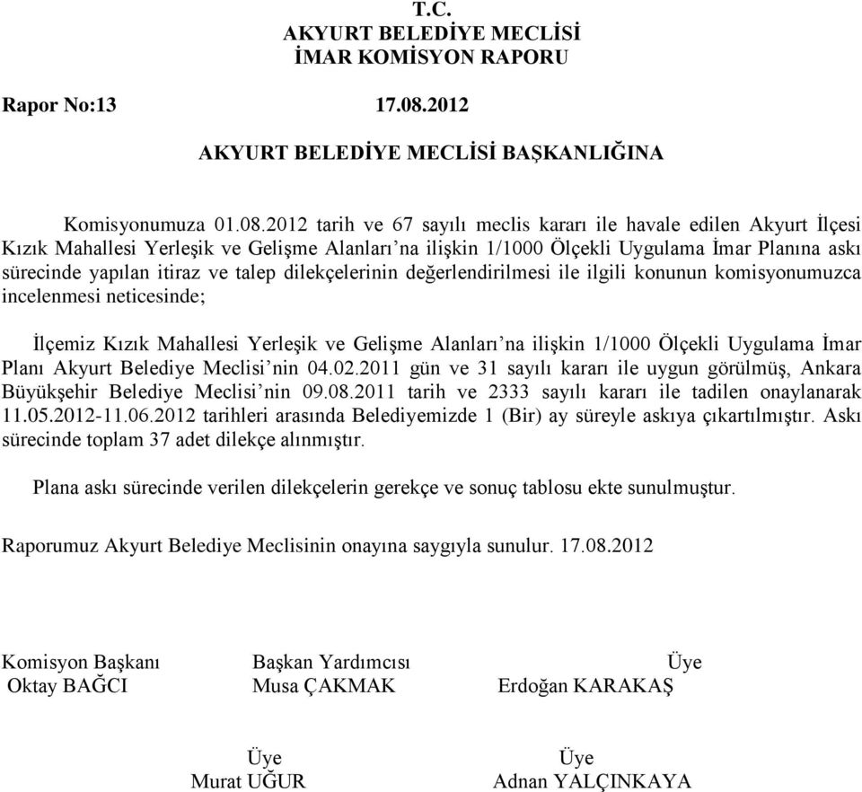 2012 tarih ve 67 sayılı meclis kararı ile havale edilen Akyurt İlçesi Kızık Mahallesi Yerleşik ve Gelişme Alanları na ilişkin 1/1000 Ölçekli Uygulama İmar Planına askı sürecinde yapılan itiraz ve