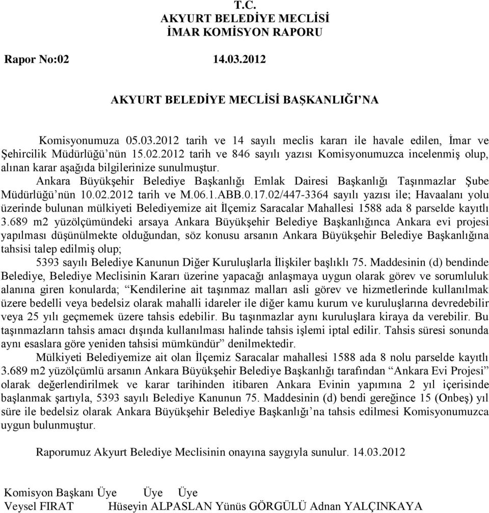 02/447-3364 sayılı yazısı ile; Havaalanı yolu üzerinde bulunan mülkiyeti Belediyemize ait İlçemiz Saracalar Mahallesi 1588 ada 8 parselde kayıtlı 3.