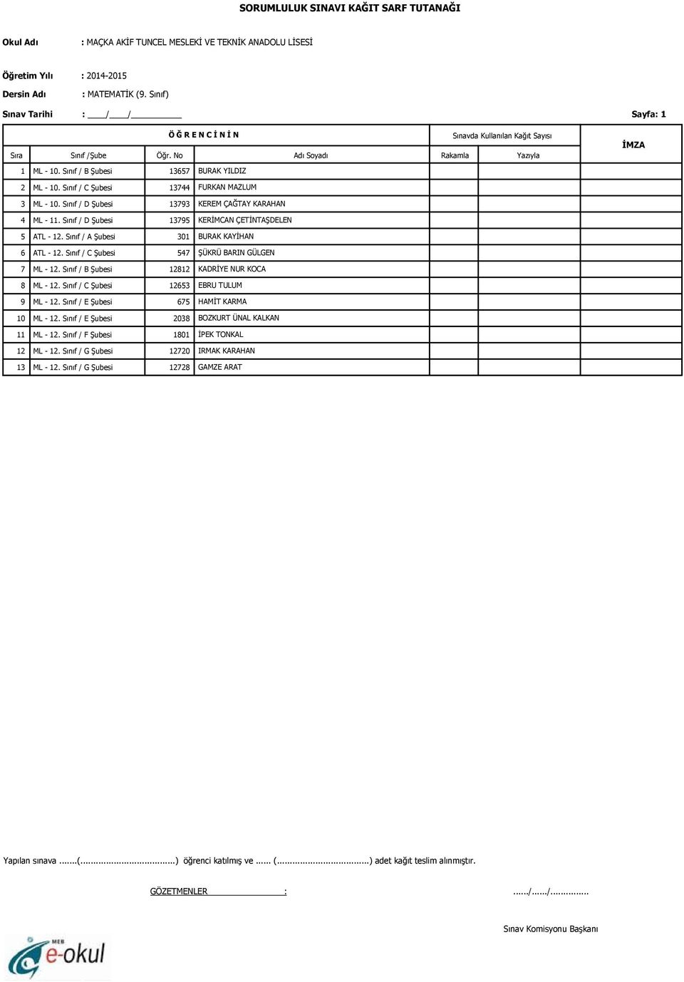 Sınıf / C Şubesi 547 ŞÜKRÜ BARIN GÜLGEN ML - 1. Sınıf / B Şubesi 181 KADRİYE NUR KOCA ML - 1. Sınıf / C Şubesi 165 EBRU TULUM ML - 1.
