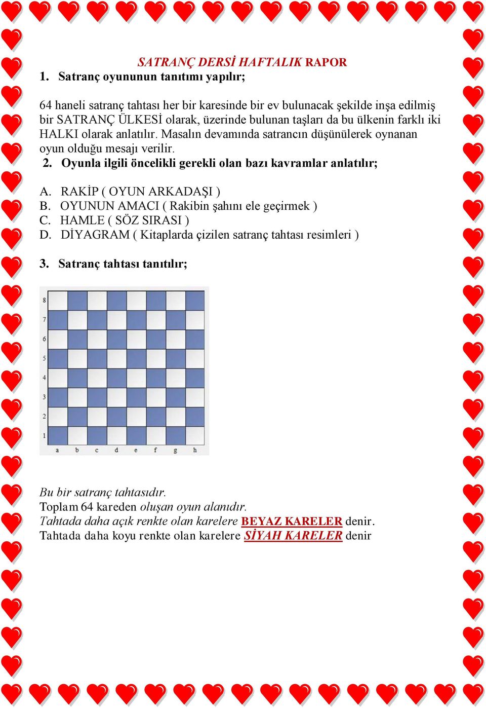 iki HALKI olarak anlatılır. Masalın devamında satrancın düşünülerek oynanan oyun olduğu mesajı verilir. 2. Oyunla ilgili öncelikli gerekli olan bazı kavramlar anlatılır; A.