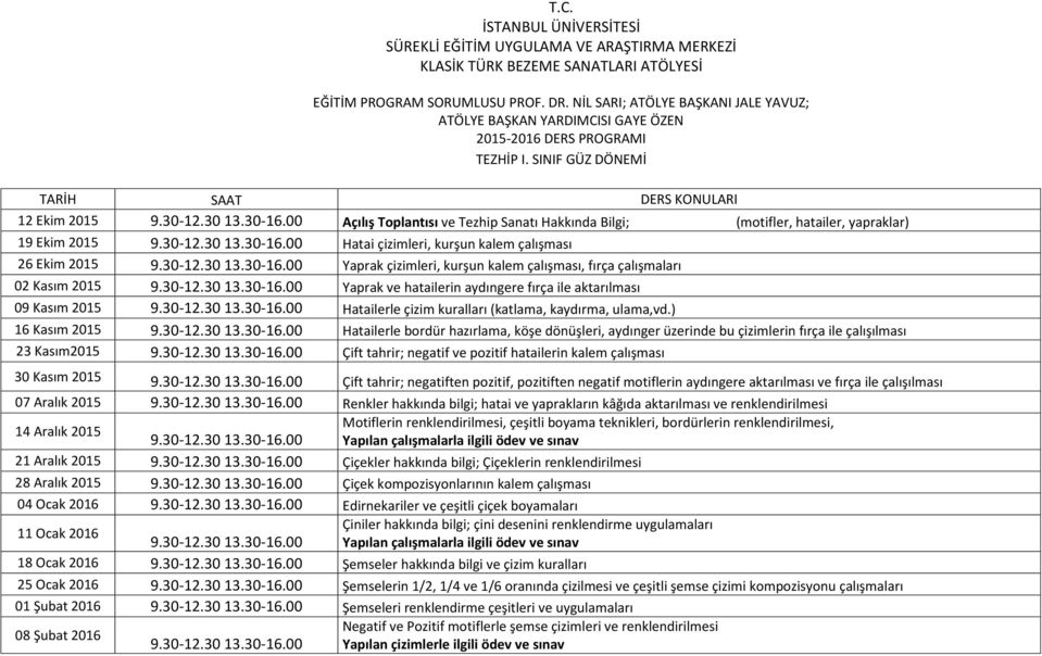 kurşun kalem çalışması, fırça çalışmaları 02 Kasım 2015 Yaprak ve hatailerin aydıngere fırça ile aktarılması 09 Kasım 2015 Hatailerle çizim kuralları (katlama, kaydırma, ulama,vd.