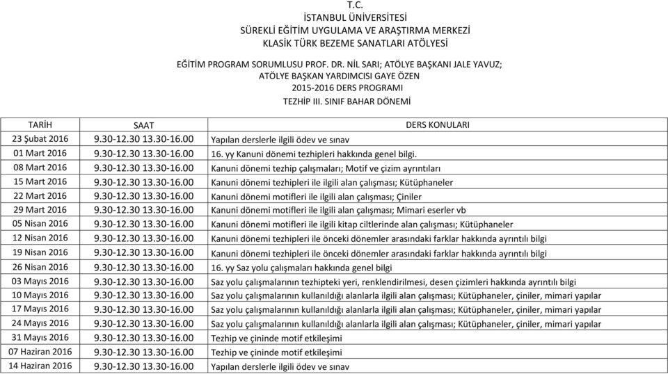 alan çalışması; Çiniler 29 Mart 2016 Kanuni dönemi motifleri ile ilgili alan çalışması; Mimari eserler vb 05 Nisan 2016 Kanuni dönemi motifleri ile ilgili kitap ciltlerinde alan çalışması;