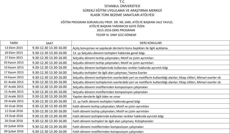 kullanılan renkler hakkında ayrıntılı bilgi 17 Kasım 2015 Selçuklu tezhipleri ile ilgili alan çalışması; Yazma Eserler 24 Kasım 2015 Selçuklu dönemi tezhiplerinin eserlerdeki yeri ve motiflerin