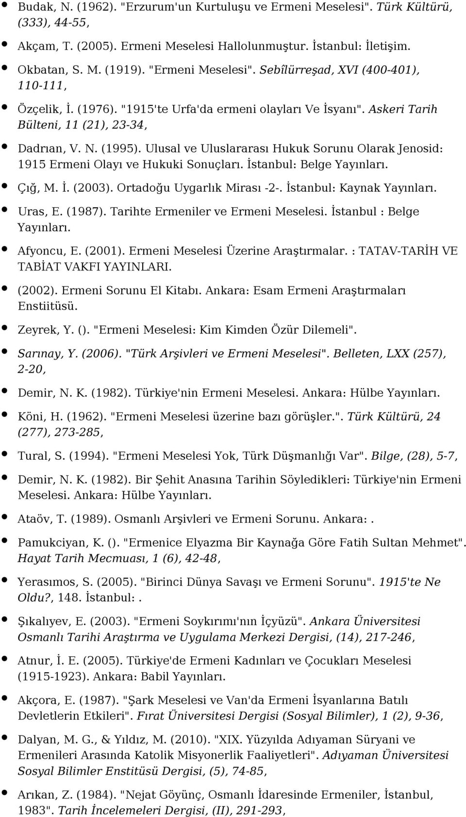Ulusal ve Uluslararası Hukuk Sorunu Olarak Jenosid: 1915 Ermeni Olayı ve Hukuki Sonuçları. İstanbul: Belge Çığ, M. İ. (2003). Ortadoğu Uygarlık Mirası -2-. İstanbul: Kaynak Uras, E. (1987).