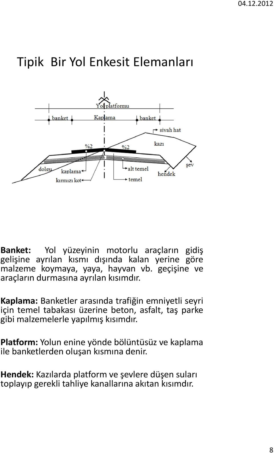 Kaplama: Banketler arasında trafiğin emniyetli seyri için temel tabakası üzerine beton, asfalt, taş parke gibi malzemelerle yapılmış