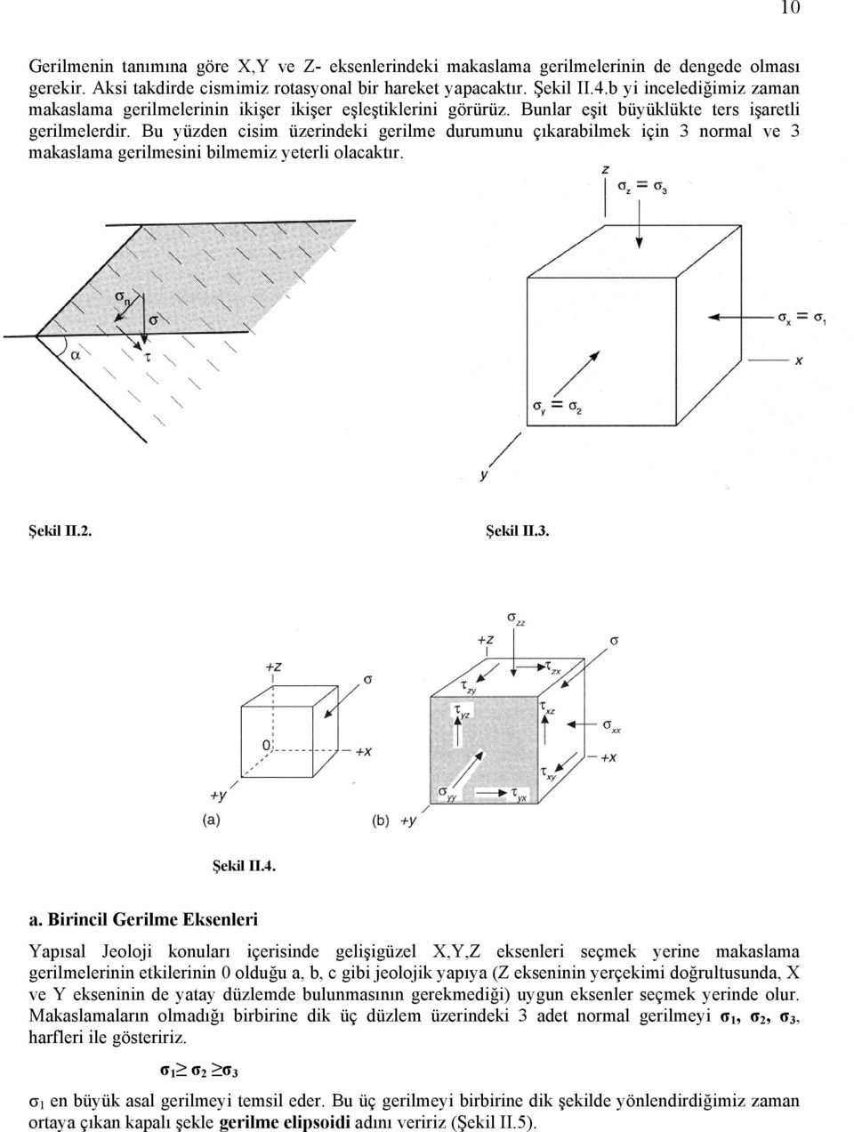 Bu yüzden cisim üzerindeki gerilme durumunu çıkarabilmek için 3 normal ve 3 makaslama gerilmesini bilmemiz yeterli olacaktır. Şekil II.2. Şekil II.3. Şekil II.4. a.