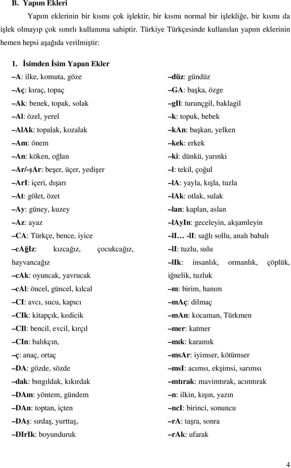 Đsimden Đsim Yapan Ekler A: ilke, komuta, göze Aç: kıraç, topaç Ak: benek, topak, solak Al: özel, yerel AlAk: topalak, kozalak Am: önem An: köken, oğlan Ar/-şAr: beşer, üçer, yedişer ArI: içeri,