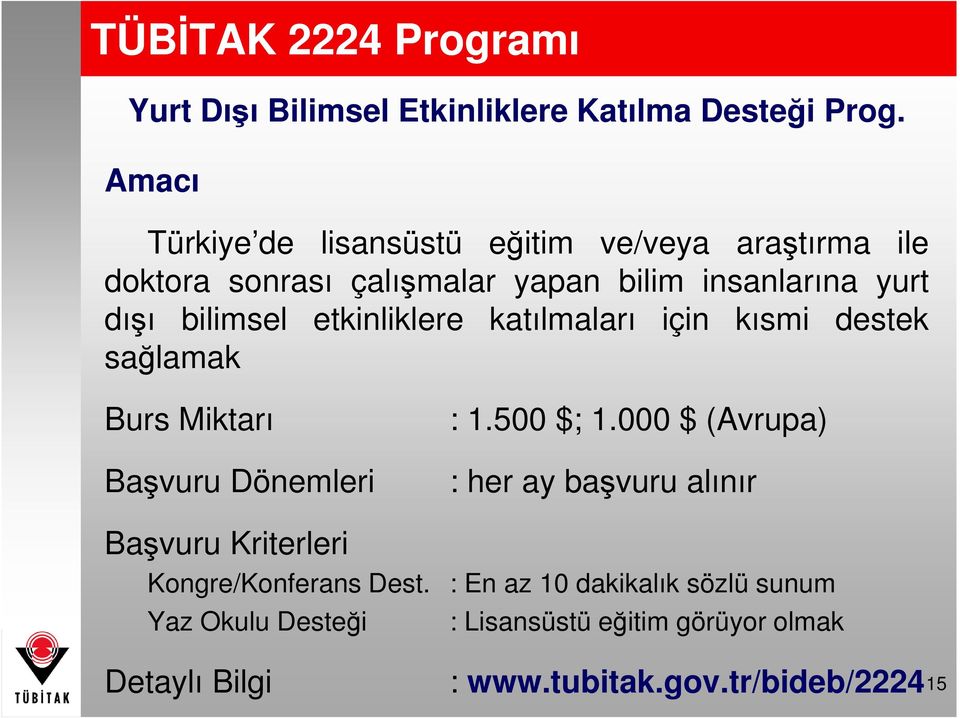 etkinliklere katılmaları için kısmi destek sağlamak Burs Miktarı Başvuru Dönemleri : 1.500 $; 1.