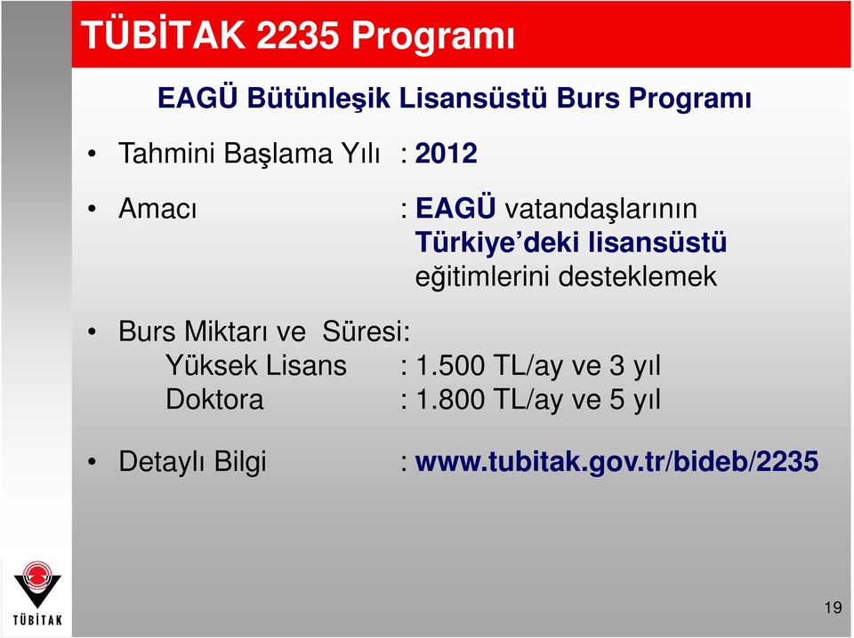 eğitimlerini desteklemek Burs Miktarı ve Süresi: Yüksek Lisans : 1.