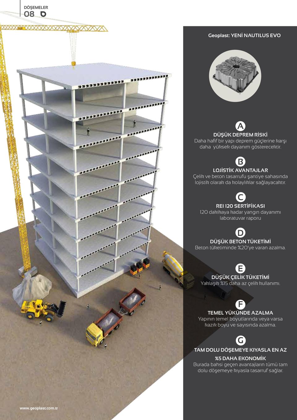 C REI 1 SERTİFİKASI 1 dakikaya kadar yangın dayanımı laboratuvar raporu D DÜŞÜK BETON TÜKETİMİ Beton tüketiminde % ye varan azalma.