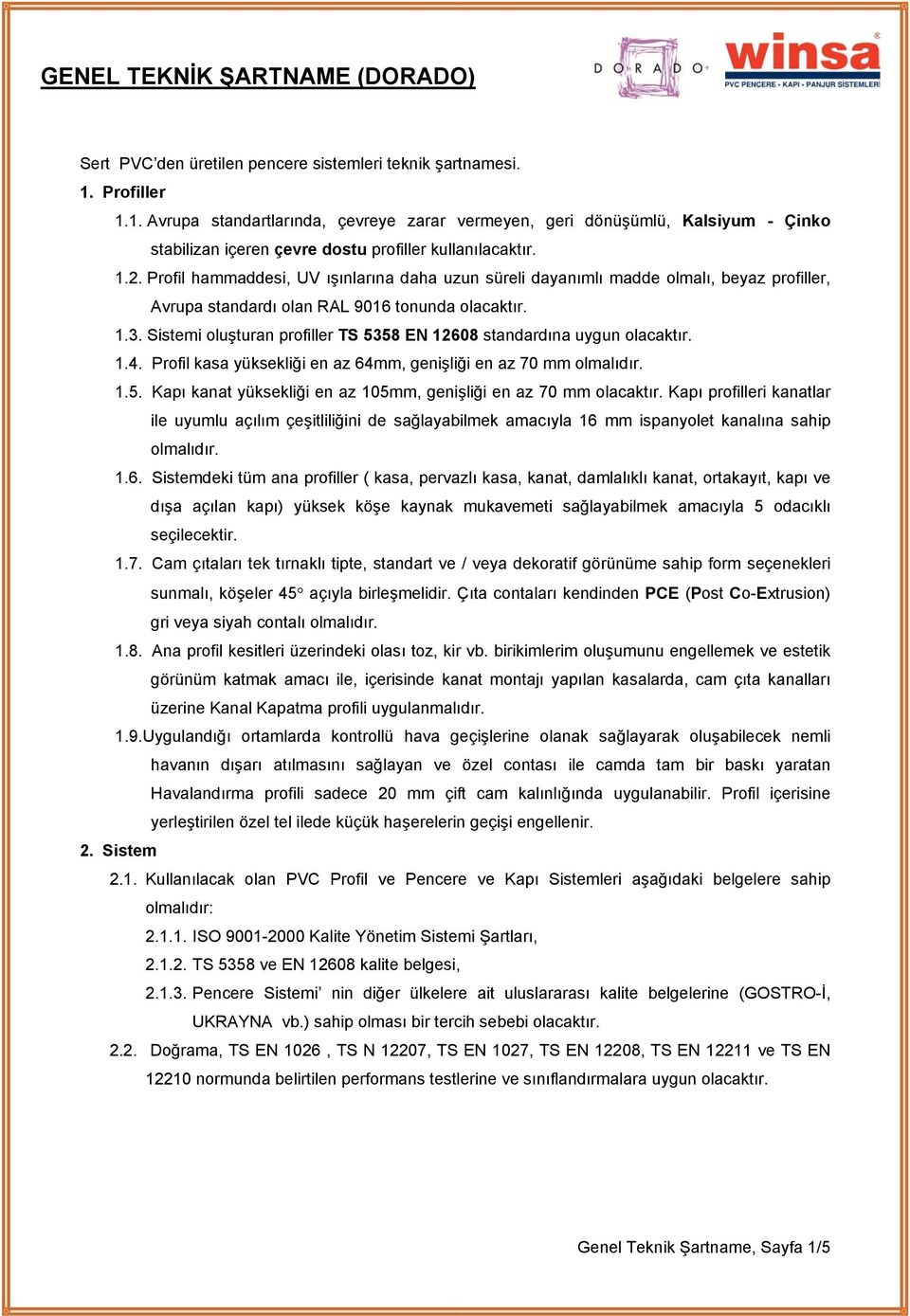 GENEL TEKNİK ŞARTNAME (DORADO) - PDF Ücretsiz indirin