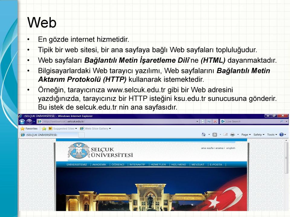 Bilgisayarlardaki Web tarayıcı yazılımı, Web sayfalarını Bağlantılı Metin Aktarım Protokolü (HTTP) kullanarak