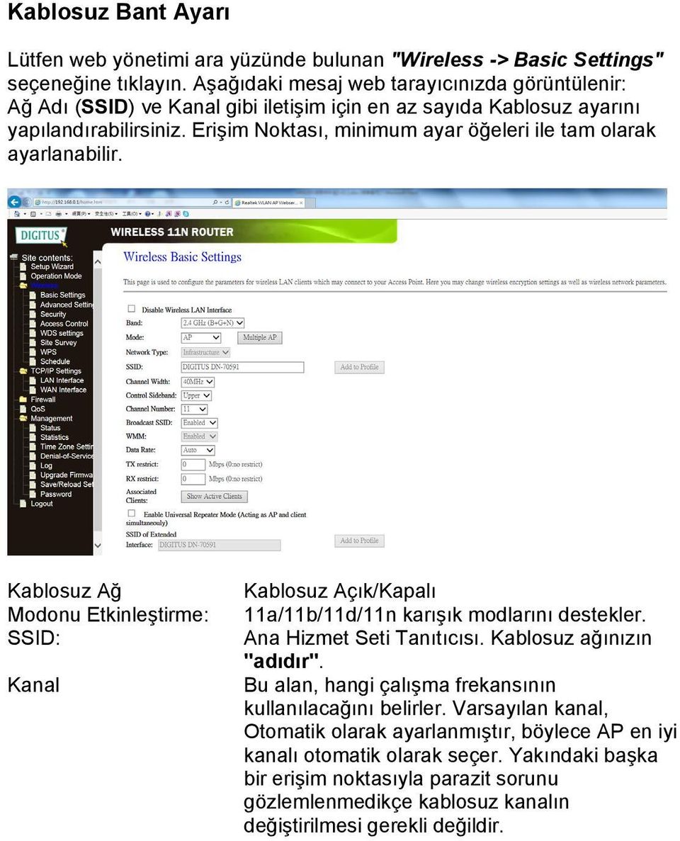 Erişim Noktası, minimum ayar öğeleri ile tam olarak ayarlanabilir. Kablosuz Ağ Modonu Etkinleştirme: SSID: Kanal Kablosuz Açık/Kapalı 11a/11b/11d/11n karışık modlarını destekler.