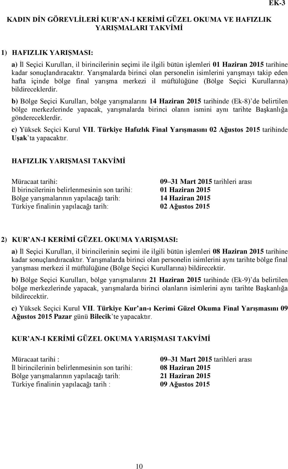 Yarışmalarda birinci olan personelin isimlerini yarışmayı takip eden hafta içinde bölge final yarışma merkezi il müftülüğüne (Bölge Seçici Kurullarına) bildireceklerdir.