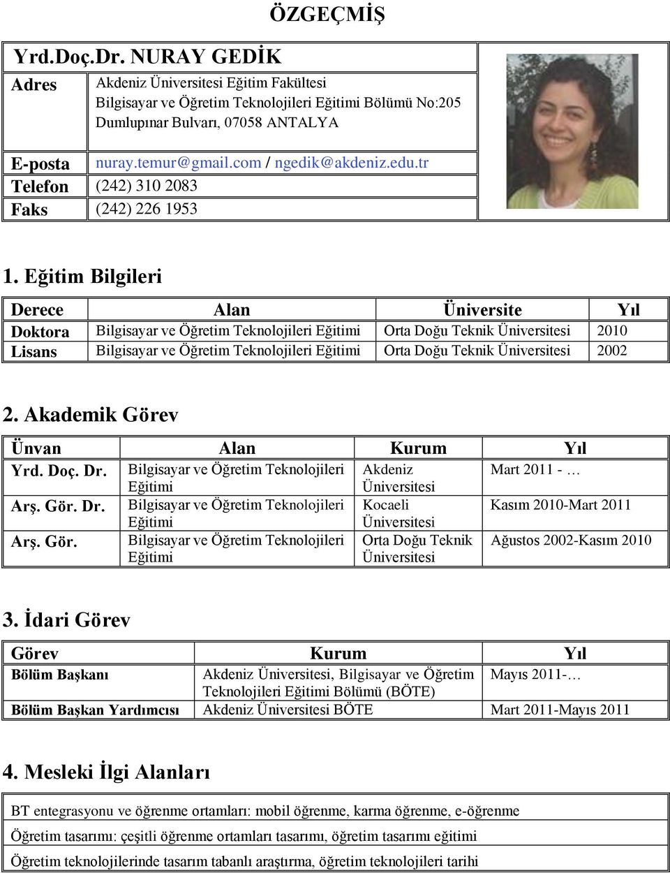 Eğitim Bilgileri Derece Alan Üniversite Yıl Doktora Bilgisayar ve Öğretim Teknolojileri Eğitimi Orta Doğu Teknik Üniversitesi 2010 Lisans Bilgisayar ve Öğretim Teknolojileri Eğitimi Orta Doğu Teknik